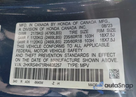 2024 Honda Cr-V Ex-L Awd из США, поврежденный, VIN 2HKRS4H71RH408257